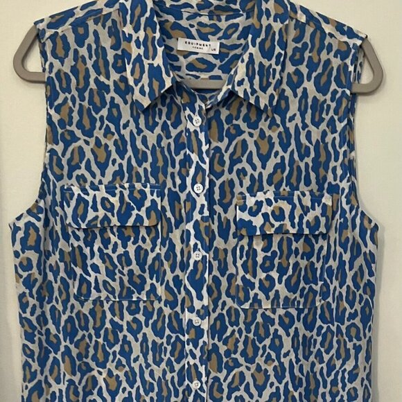 Equipment Femme Size L 100% Silk Cheetah Print Sleeveless Collared Shirt Dress - Picture 8 of 9